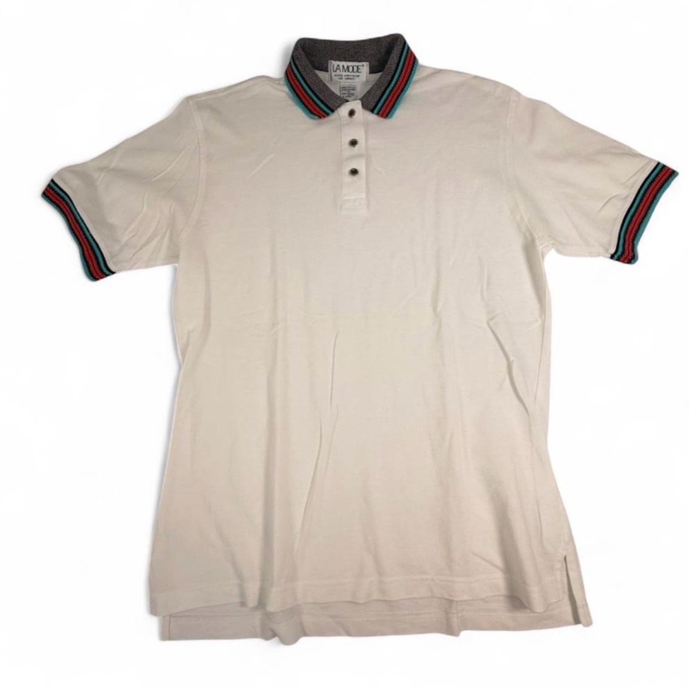 Vintage La Mode White Polo with Contrasting Striped Collar